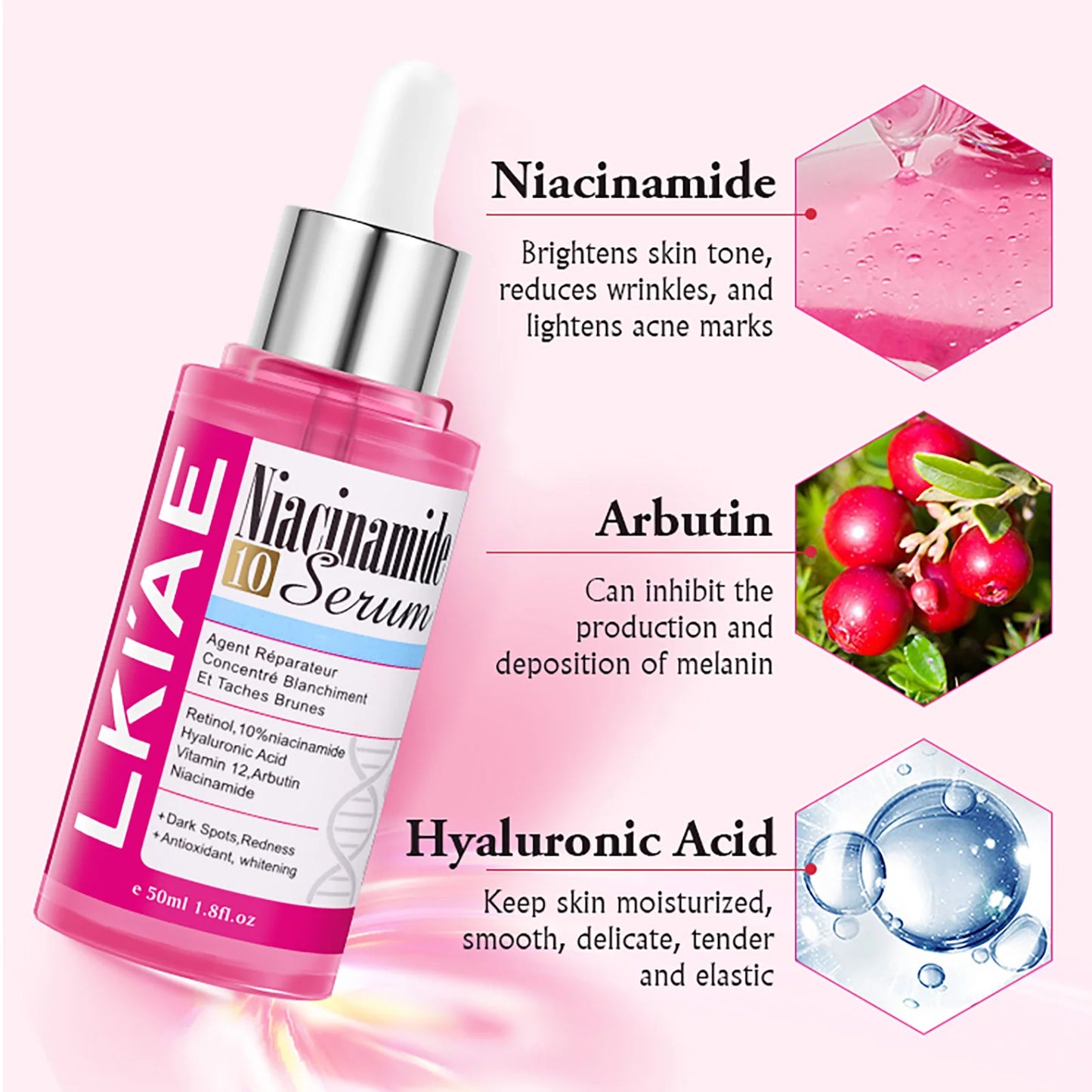 LKIAE Nicotinamide Whitening Essence, Anti-Aging, Reduce Freckles, With Hyaluronic Acid, Moisturizing Serum For Face And Body