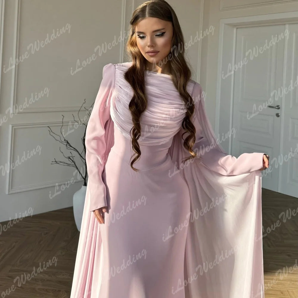 Pink Long Sleeves Mermaid Prom Dresses robes de soirée A-line Pleats Evening Dress Floor-Length Wedding Guest Dress Customized