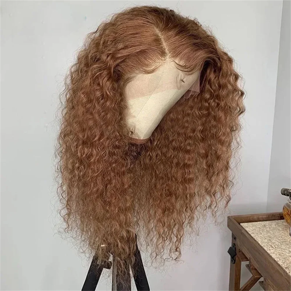 Soft Brown Color 26“Long Kinky Curly 180Density Lace Front Wig For Black Women Babyhair Synthetic Heat Resistant Glueless Daily