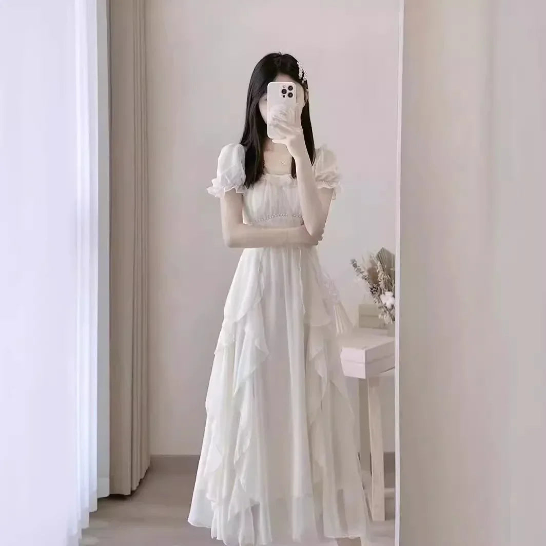 French Style White Fairy Dress Women's Summer 2025 New Super Fairy Princess Gown Gentle Wind Long Skirt Elegant Sensation