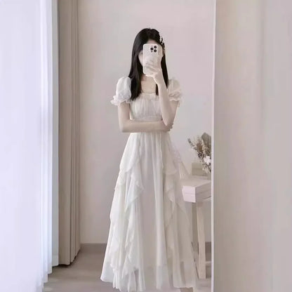 French Style White Fairy Dress Women's Summer 2025 New Super Fairy Princess Gown Gentle Wind Long Skirt Elegant Sensation