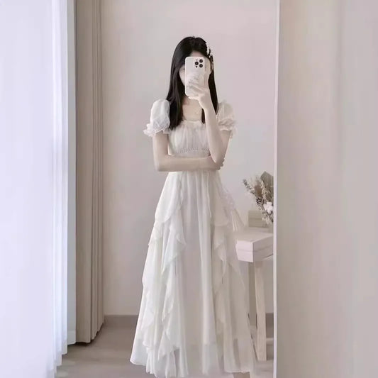 French Style White Fairy Dress Women's Summer 2025 New Super Fairy Princess Gown Gentle Wind Long Skirt Elegant Sensation