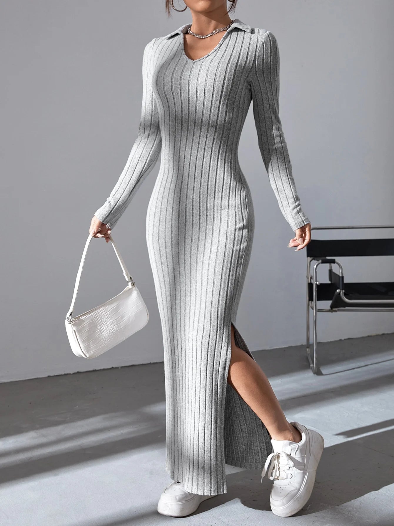 Long knitted fitted lapel pit strip tight long-sleeved dress for autumn/Winter 2025