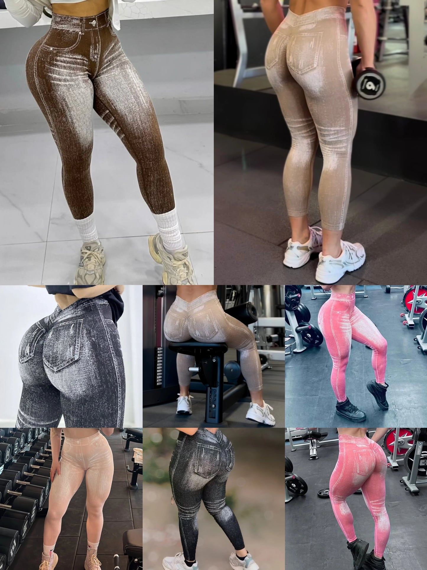 Women V Back Gym Leggings Faux Denim Jeans  Athletic Workout Leggins Elastic Seamless Training Yoga Pants Sports Fitness Tights