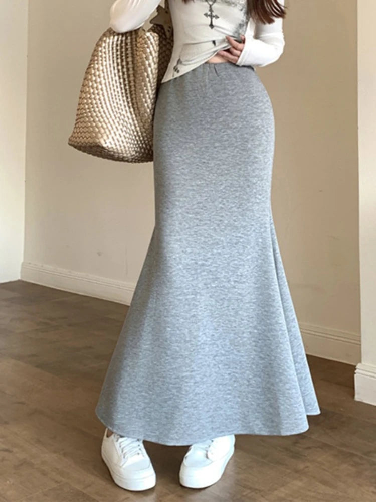 Solid Vintage Temperament Package Hip Skirts Elastic High Waist Simple Spring Autumn 2026 Fish Tail Skirt Casual Slim Long Skirt