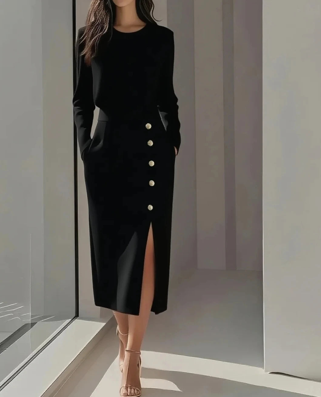 Women's  Solid Color Long Sleeves Elegant Midi Dress with Button Details and Side Slit - Crew Neck
