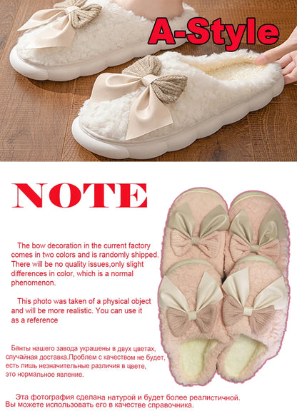Cotton slippers for Women Autumn and Winter Thick Sole Indoor Home Warm Couples Shoes Bow Non-Slip Flat Platform Women's Slipper