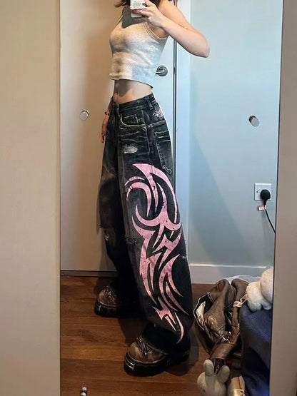 Y2K Street Retro Jeans Women Mottled Totem Print Loose Pants Fashion Hip Hop Trend Loose Couple American Straight Wide Leg Pants
