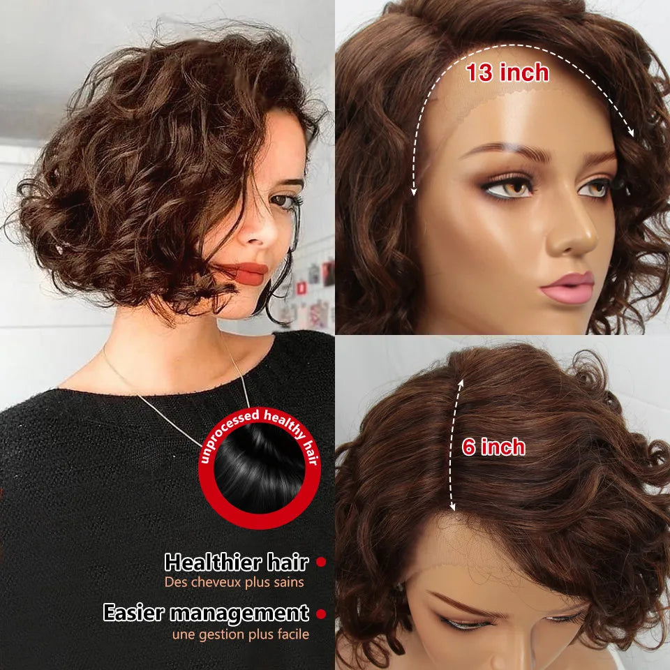 Lekker Ginger Short Pixie Cut Wavy Bob 13x1 C Part Lace Front 100% Human Hair Wigs For Women Brazilian Remy Hair Clearance Wigs