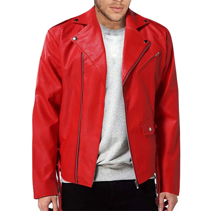 2025 New Men Solid Color Imitation Leather Jacket Red Fashion Homme Oblique Zipper Biker Coats Male Bar KTV Casual Top