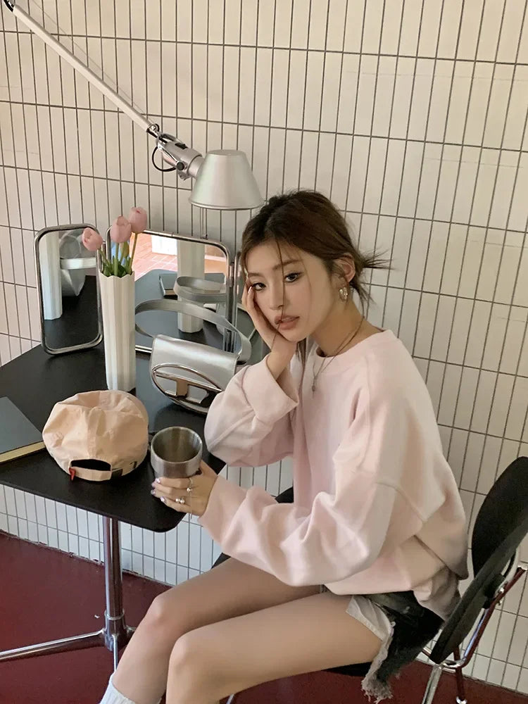Light Pink Lettered Oversized Shoulder Sweatshirt Women's Full Sleeve round Neck Spring Autumn New Style Comfortable Casual Top