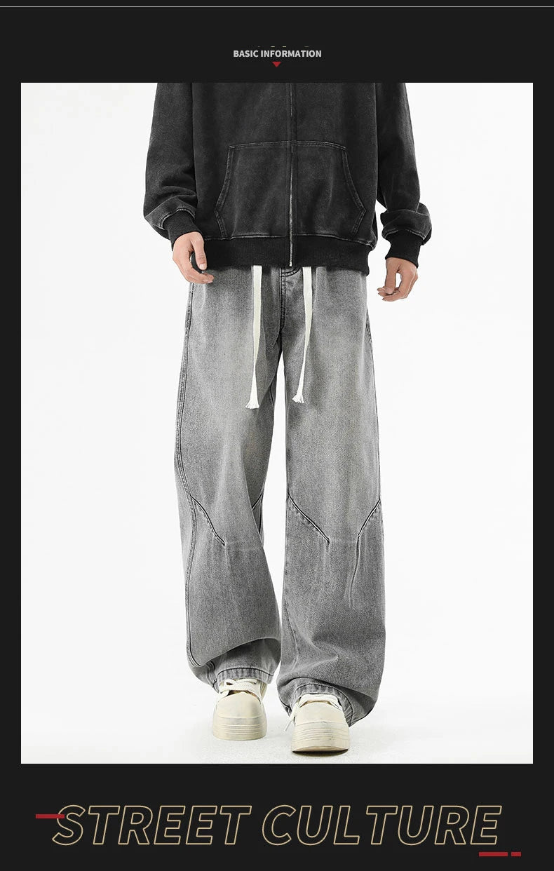 2025 Hip-hop Baggy Denim season elastic waist New Korean Men's Jeans American Loose Fit Wide-leg Straight Casual Trousers Street