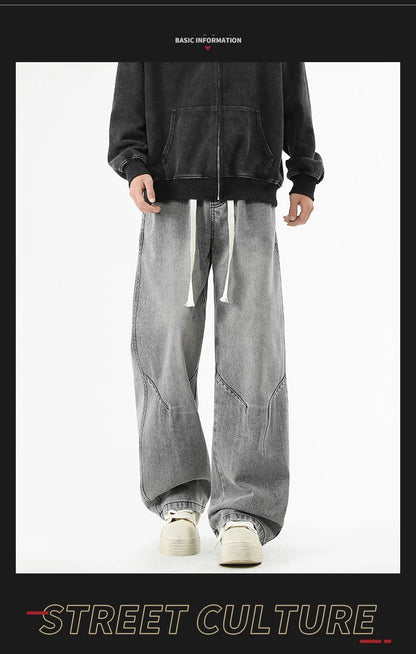 2025 Hip-hop Baggy Denim season elastic waist New Korean Men's Jeans American Loose Fit Wide-leg Straight Casual Trousers Street