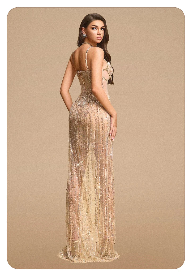 Sexy Gold Sequin Evening Dresses for Women – Luxury Crystal Beaded Prom Dress with High Slit Formal Party Mermaid Gown for Gala