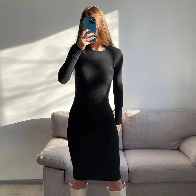 Autumn Winter New Dresses Women Fashion Casual Slim O-Neck Long Sleeves Elegant Dress Sexy Black Female Club Party Maxi Dresses