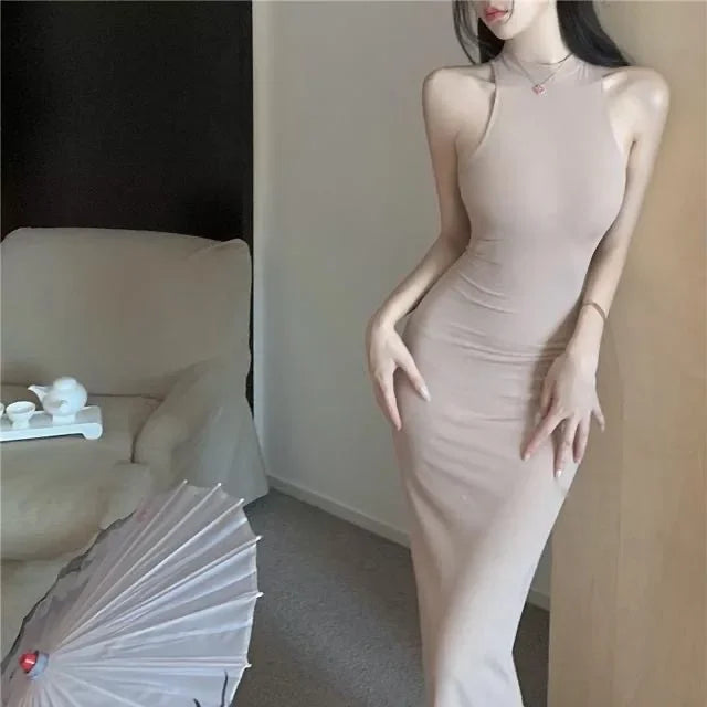Elegant High Waist Long Sleeveless Dress Neck Hanging Wrap Skirt Slimming Goddess Style Polyester Fiber round Neck Gown