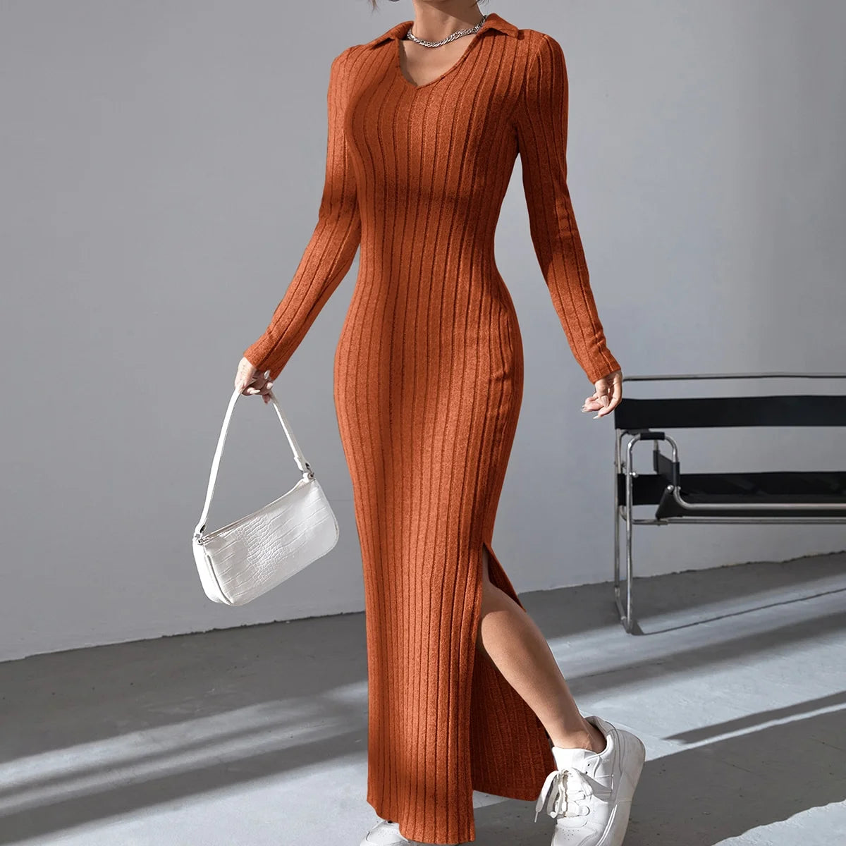 Long knitted fitted lapel pit strip tight long-sleeved dress for autumn/Winter 2025