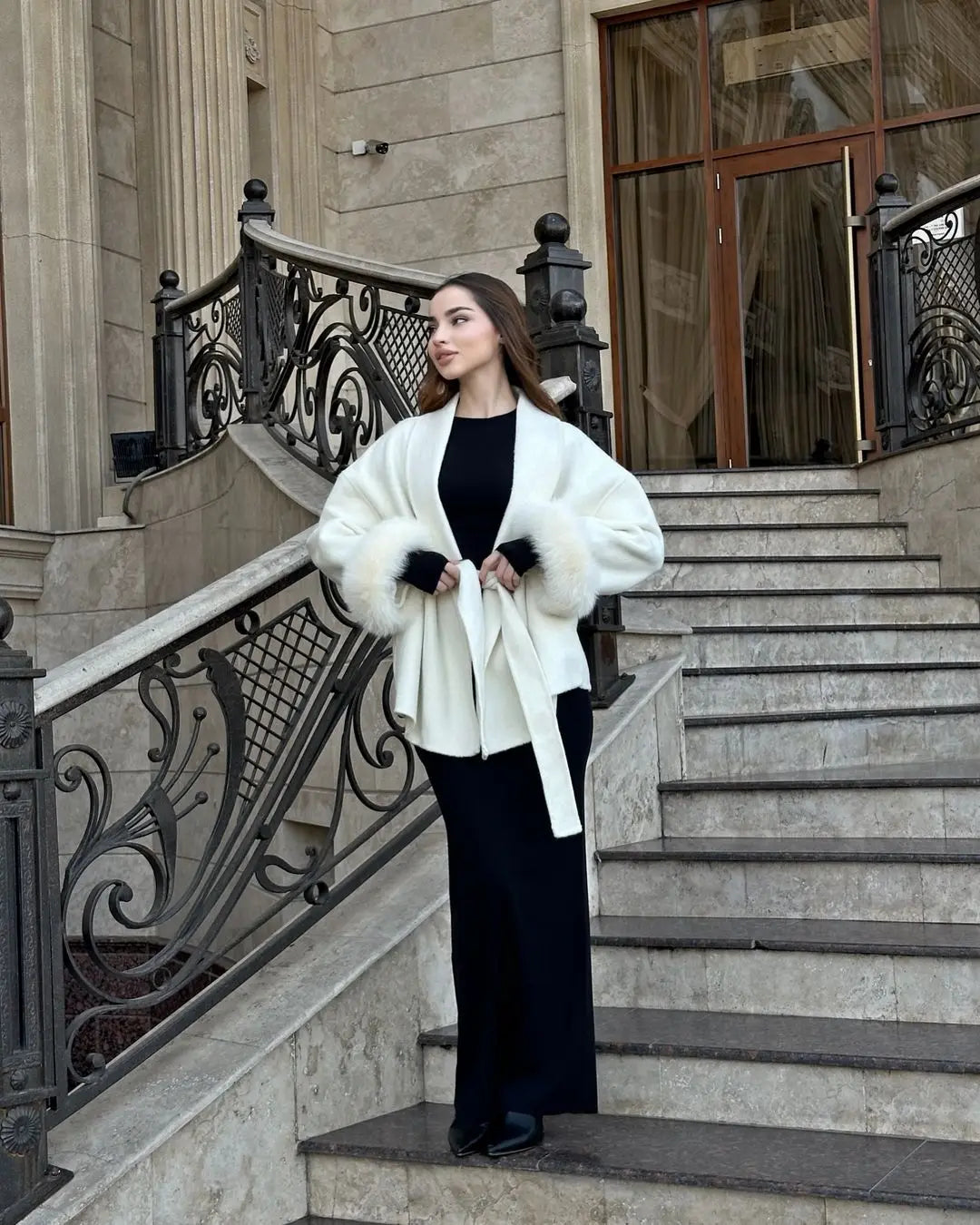 Elegant Lace Up Woolen Short Coat Solid Loose Lapel Furry Belt Long Sleeve Jacket Female 2025 Autumn Winter Lady Chic Cardigan