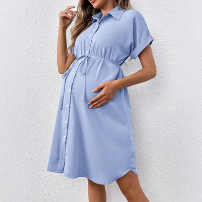Maternity Clothes Dresses Photoshoot Pregnant Women Casual Dress Solid Color Summer Button-down Fashion Short Sleeve Clothing