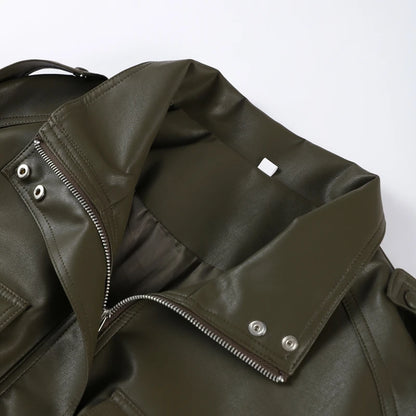 Vintage Zippers Short Leather Jackets Women's Casual Lapel Button Pockets Full Sleeve Coat 2025 Autumn New Lady Chic Streetwear