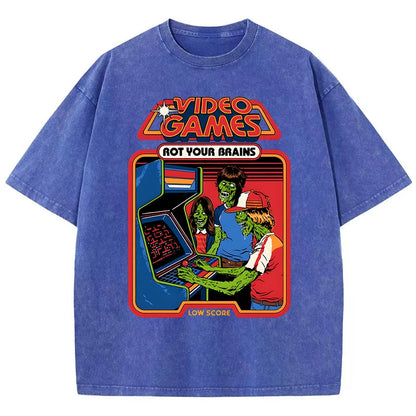 Video Games Rot Your Brains Washed Retro Mens T-Shirt Cotton Loose Tees Cotton Oversize Streetwear Breathable Tshirt Couple
