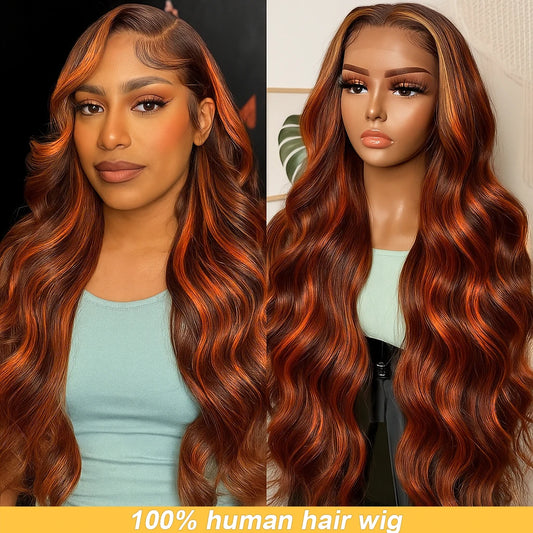 Highlight Ombre P4/350 Lace Front Human Hair Wig 5x5 Glueless Ginger Orange Gradient Colored Body Wave Human Hair Wigs for woman