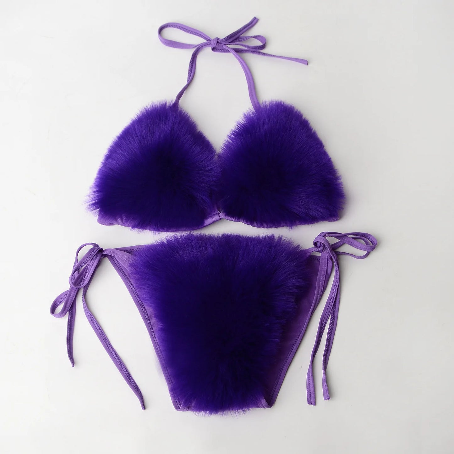 Summer Women Fake Fox Fur Sexy Halter Solid Color Bikini Set Swimsuits Triangle Sexy Bikini Set Faux Fur Swimsuit Plush Swimwear