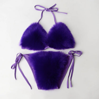 Summer Women Fake Fox Fur Sexy Halter Solid Color Bikini Set Swimsuits Triangle Sexy Bikini Set Faux Fur Swimsuit Plush Swimwear