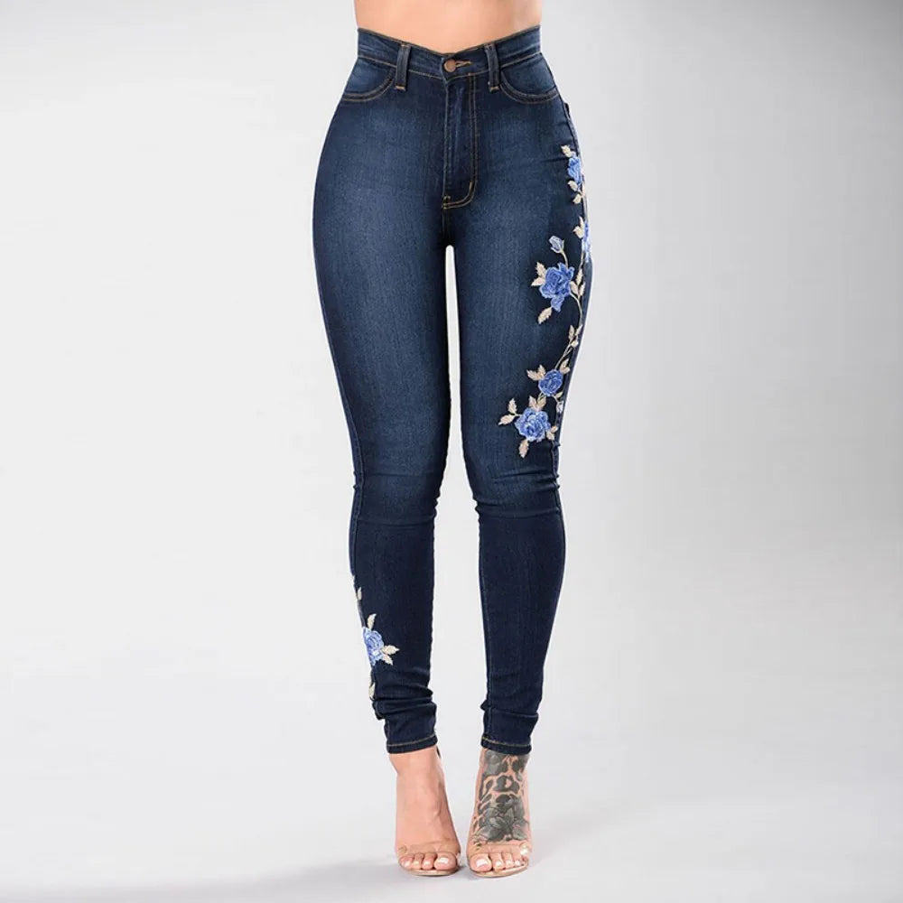 New Women's High Waist Embroidered Jeans Fashion Slim Stretch Denim Pencil Pants Street Trendy Trousers S-3XL Drop Shipping