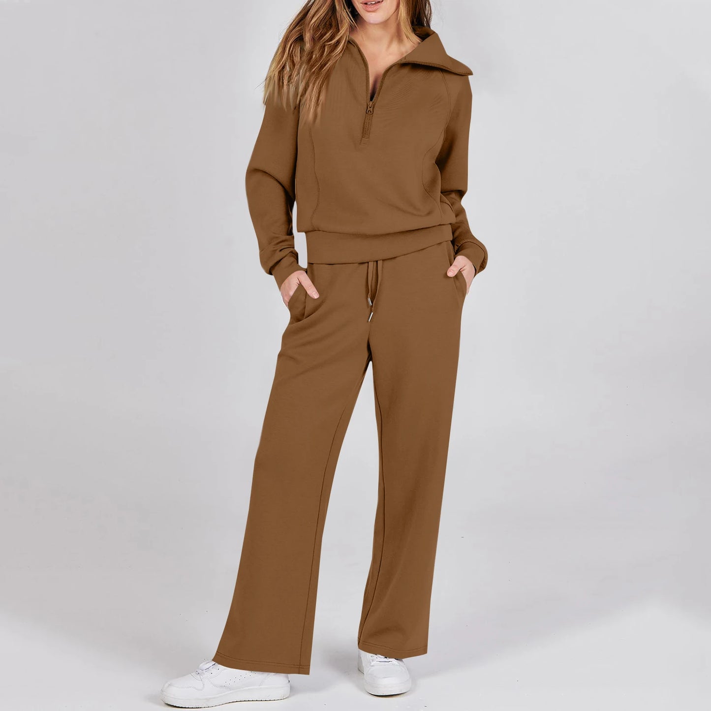 Solid Two-piece set Women Fashion Long Sleeve Zipper Sweater Pullover Tie up Pocket Wide Leg Pant Suit Loose Casual Sport Sets