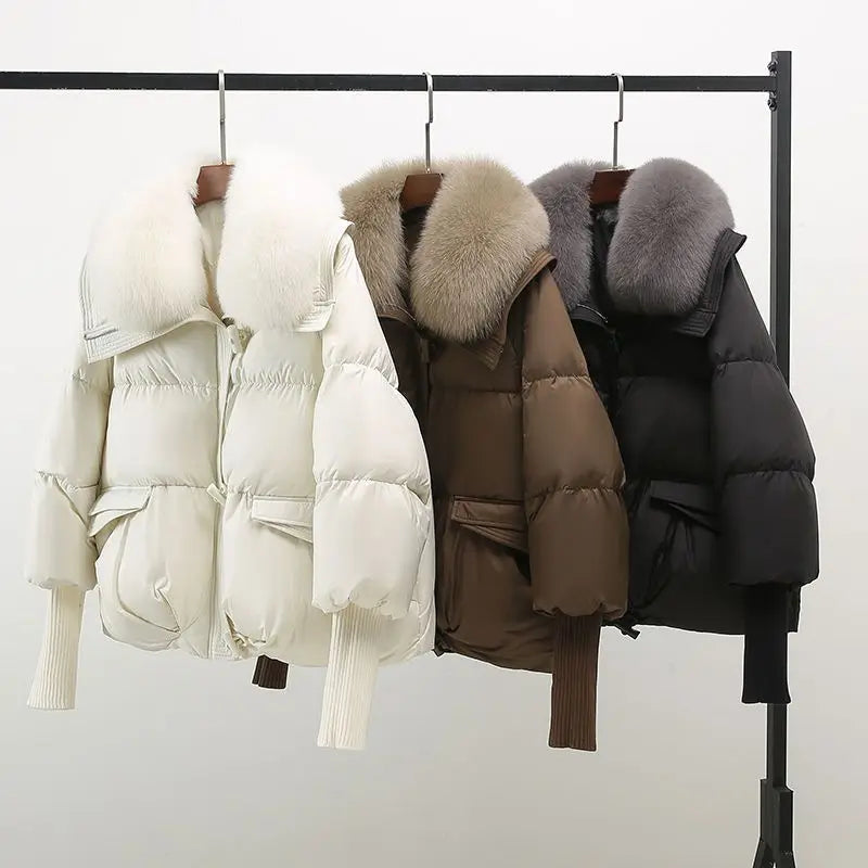2025 Down Cotton Short Padded Jacket Women Parkas Fur Collar Autumn Winter Thick Coats Female Black Casual Outerwear Clothes