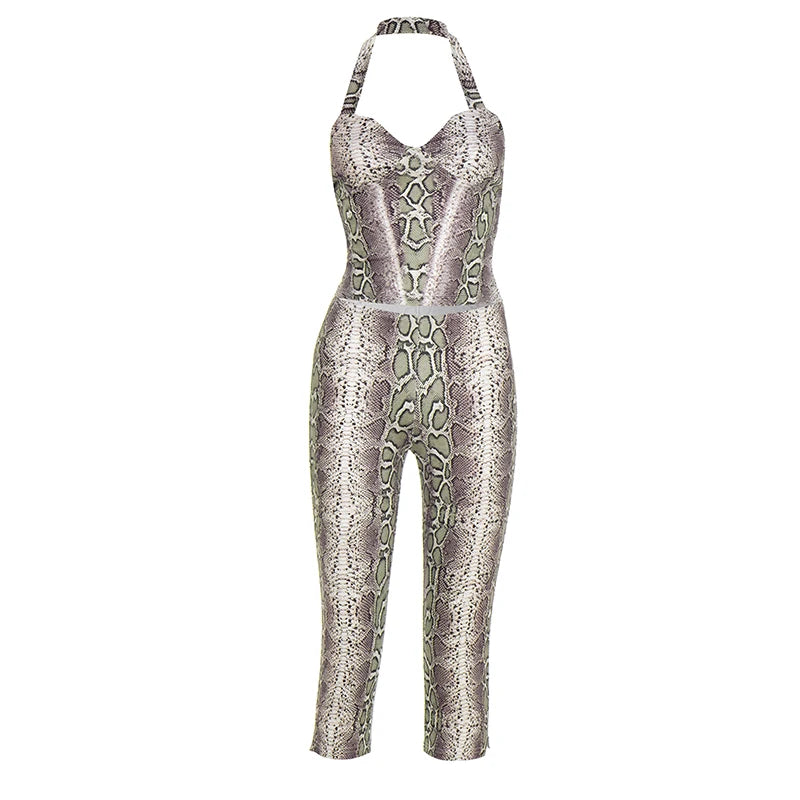 CUTENOVA Fall New Arrival Women Snake Print Hanging Neck  Sleeveless Tank Top & Slim-Fit Seven Points Pants Set Street Chic Suit