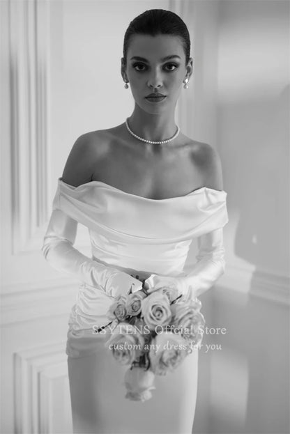 Charming Wedding Dresses Satin Off The Shoulder Weddings Bridal Gowns Long Sleeves Reception Dress Minimalist Civil Bride Gown