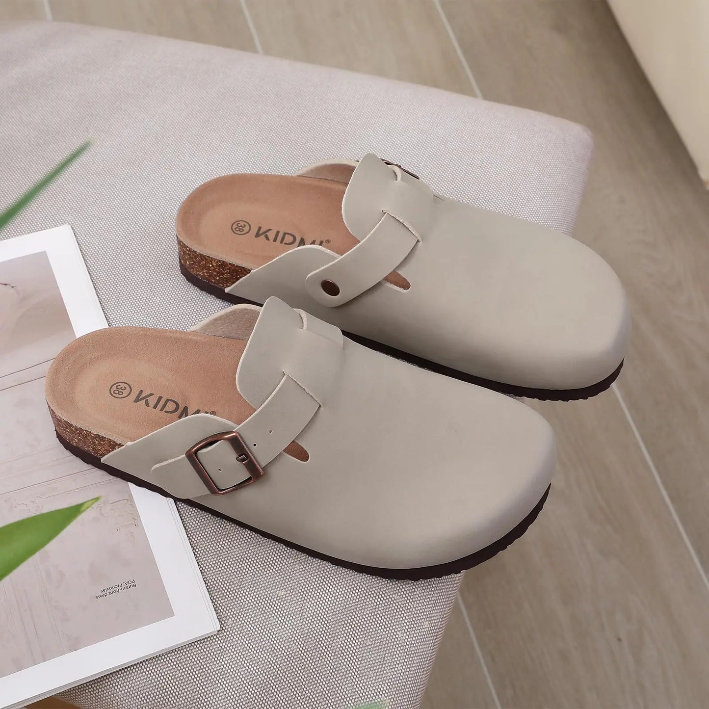 Kidmi Men's Suede Clogs Cork Footbed Clogs for Women Soft Leather Adjustable Buckle Slip-on Potato Shoes Sandals Beach Slippers