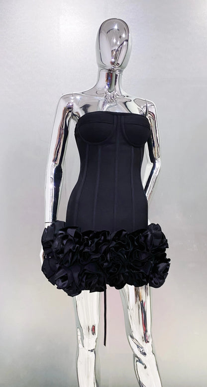 Stereoscopic Flowers Back Laceing Strapless Red Bandage Mini Evening Dress Sweet Woman Birthday Party Dress Performance costume