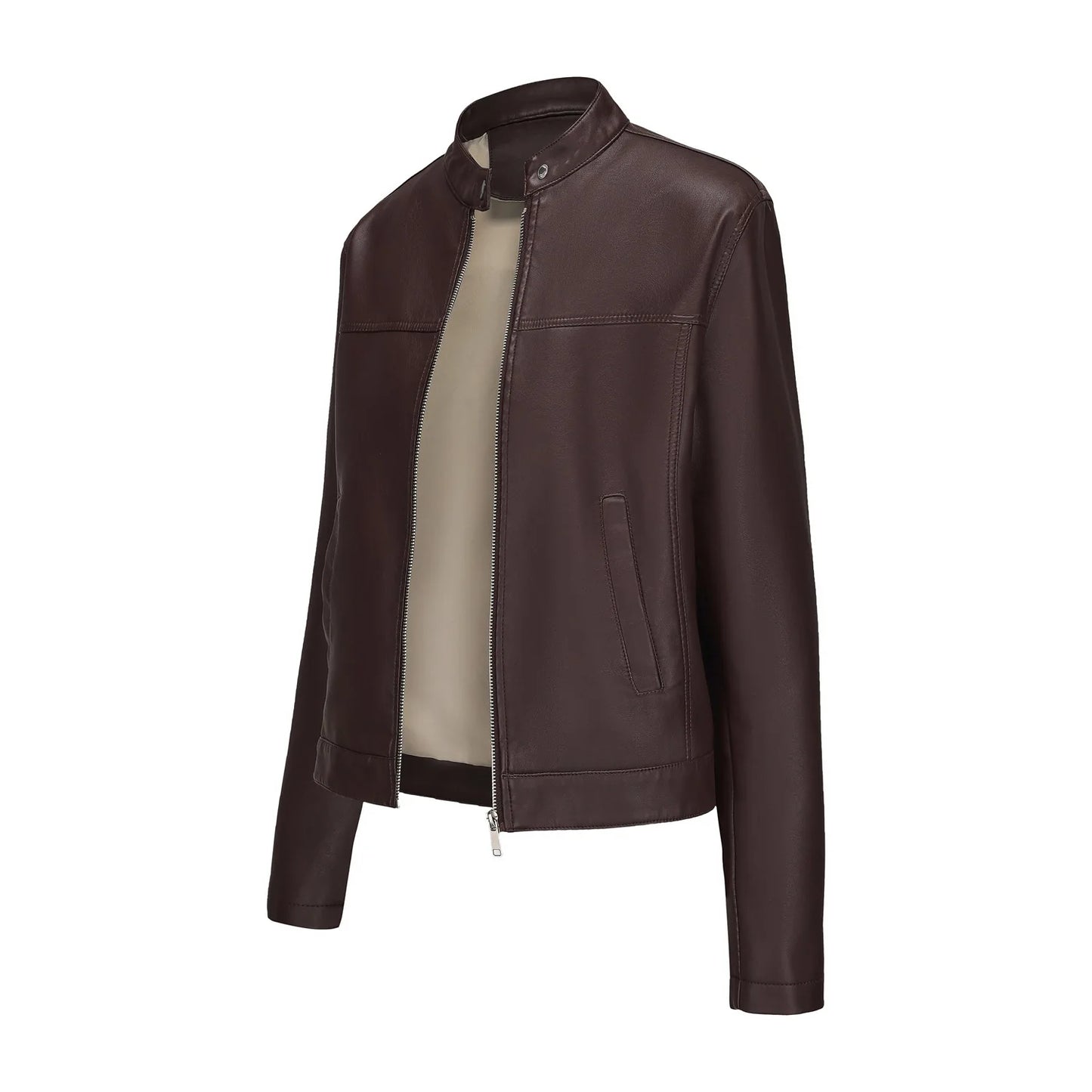 Black Women's Fitted Leather Jacket with Front Zipper & Side Pockets‌, Available in Brown, Navy Blue, and Beige.