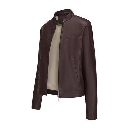 Black Women's Fitted Leather Jacket with Front Zipper & Side Pockets‌, Available in Brown, Navy Blue, and Beige.