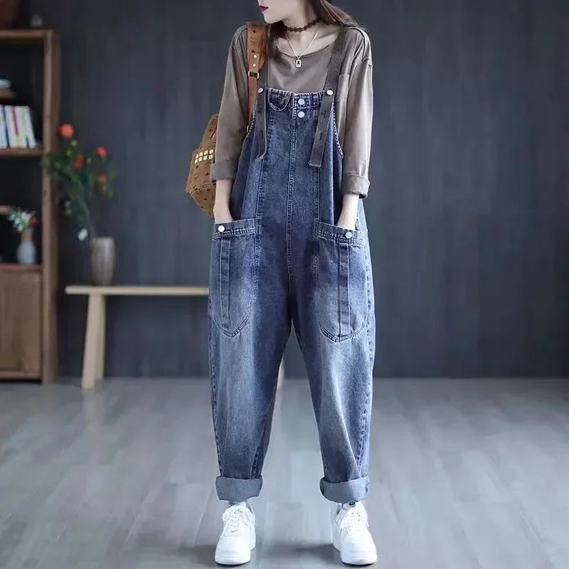 Jumpsuit Women Jeans Rompers New Retro Big Pocket Loose Denim Overalls Fashion Casual Wide-leg Pants Jumpsuits Cloth
