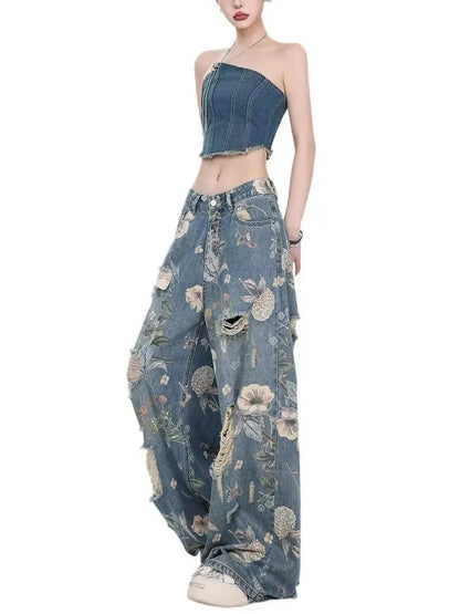 Women's Wide Jeans Ladies Vintage Casual American Baggy Jeans Y2k Woman Clothing Women's Denim Pants Shoujo Girl Style Jean Pant