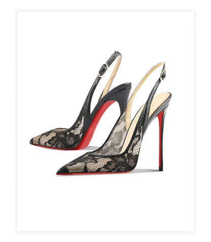 Black lace high-heeled sandals with pointed toes, thin heels, and shallow mouth, comfortable to wear with just one foot
