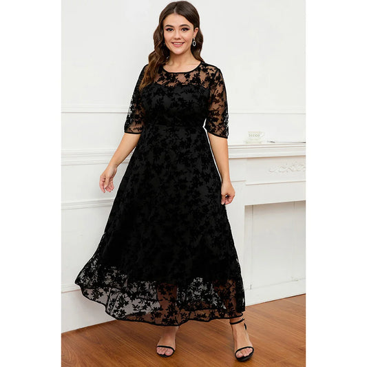 Plus Size Formal Black Lace Flocking Mesh Velvet Double Layer Tunic Maxi Dress Round Neck Long Dress