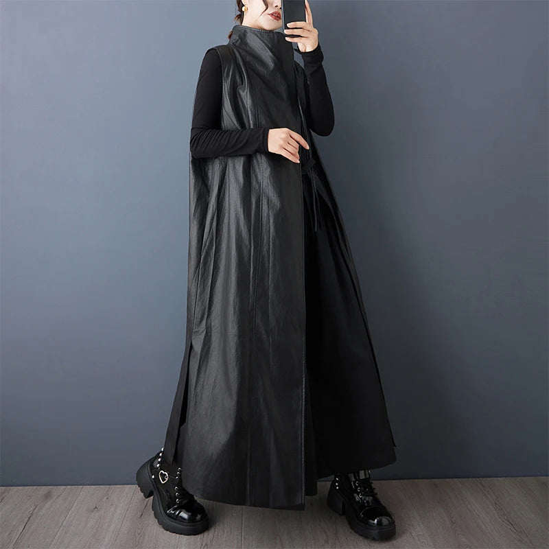 Casual Loose PU Leather Jaet Long Stand Collar Windbreaker Outerwear Faionable Design Sense Asymmetrical High-End Feeling