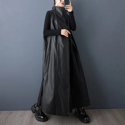 Casual Loose PU Leather Jaet Long Stand Collar Windbreaker Outerwear Faionable Design Sense Asymmetrical High-End Feeling