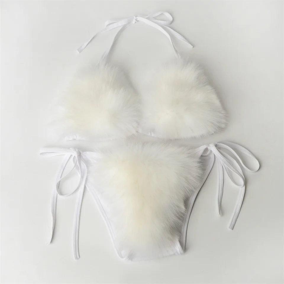 Summer Women Fake Fox Fur Sexy Halter Solid Color Bikini Set Swimsuits Triangle Sexy Bikini Set Faux Fur Swimsuit Plush Swimwear
