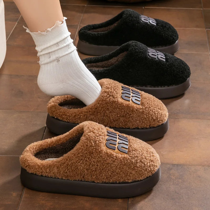 New plush cotton slippers for women, autumn and winter indoor thick sole with plush anti slip slippers, thickened cotton slipper