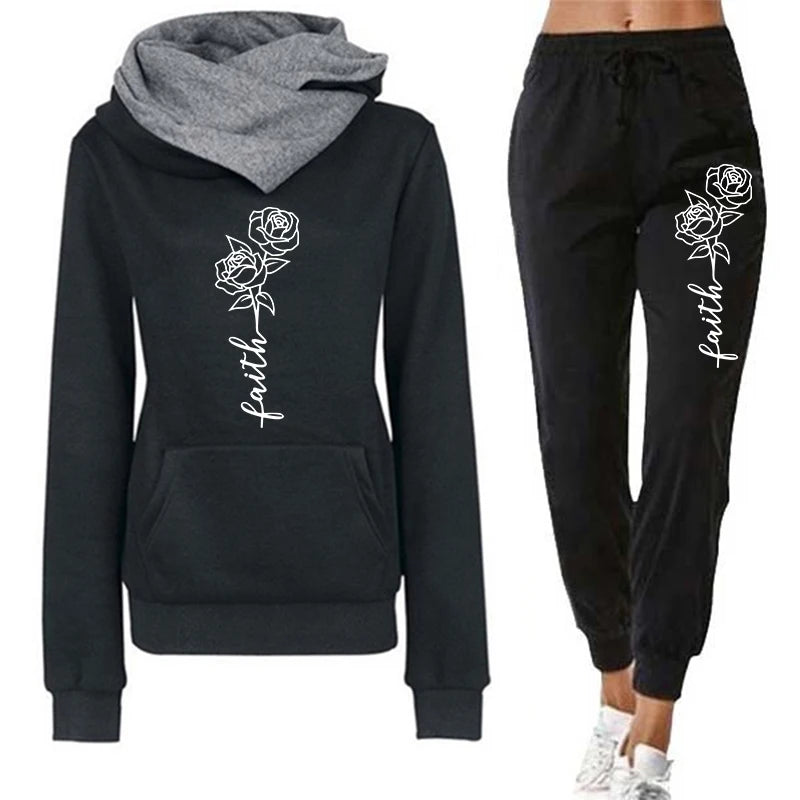Womens Tracksuit Casual Hooded Sweatshirts Suits Flower Printing Jogging Sweatpants 2 Pcs Set Woman Clothing Sports Outfits 2026