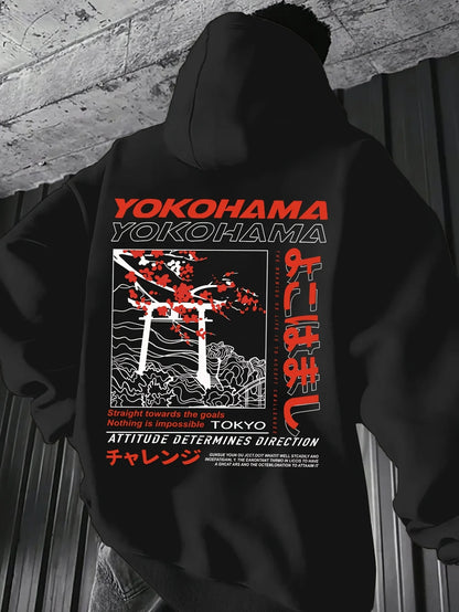 Men's autumn and winter casual fashion loose Tokyo pattern printed long sleeved hooded sweatshirt warm pullover