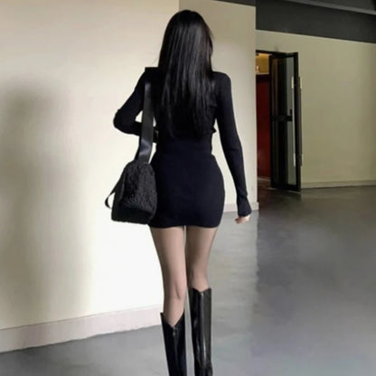 2025 Minimalist Black Ribbed Knit Dress, Half - Zip Long - Sleeve Bodycon Dress, Women's Daily Elegant Wear