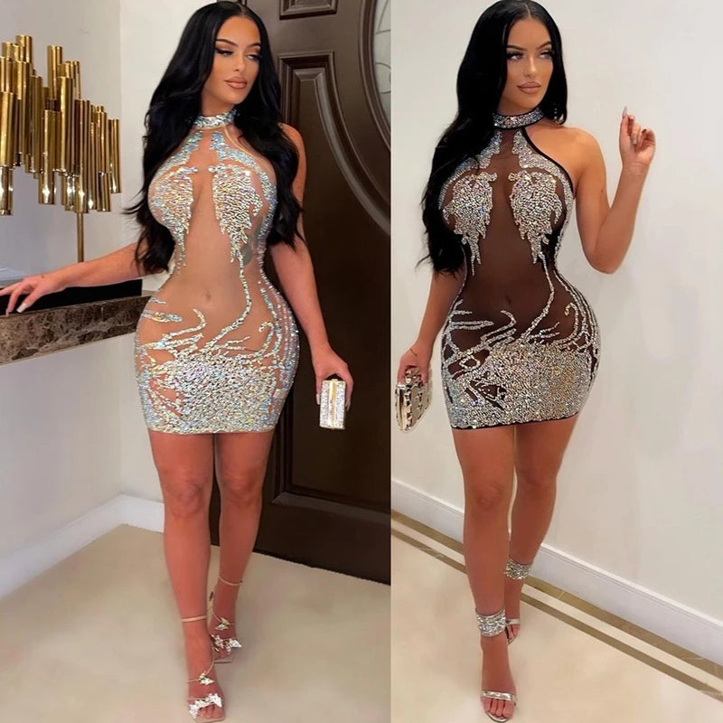 Sexy Party Dress for Women Mesh Sheer See Through Party Club Night Mini Bodycon Dress Luxury Rhinestone Sparkly Birthday Dress
