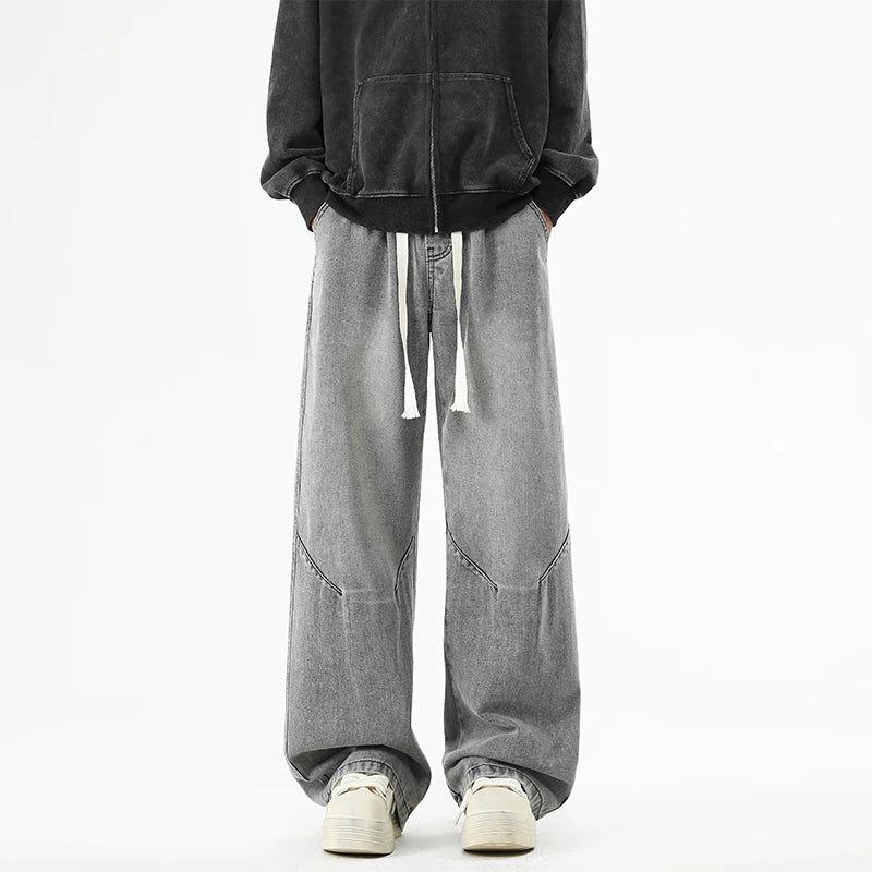 2025 Hip-hop Baggy Denim season elastic waist New Korean Men's Jeans American Loose Fit Wide-leg Straight Casual Trousers Street